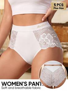 MEIYATING 5pcs Plus Size Women Mid-High Waist Lace Trim Semi-Sheer Sexy English Fashion Print Comfortable Lightweight Triangle Panties Summer - Multicolor - View 5