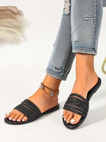Sandalias tejidas de estilo europeo y americano vintage para mujer, chanclas minimalistas negras de punta abierta y holgadas, zapatos planos versátiles para el uso diario y vacaciones - Negro - Ver 6