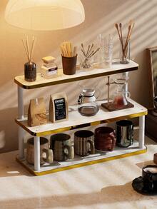 1 pieza Estante de almacenamiento multifuncional para escritorio, soporte de exhibición multiusos, portavasos, estante para perfumes, estante para especias, soporte para pasteles, adecuado para vasos de agua, tazas de café, juegos de té, escritorio de oficina, barra de café, cocina, decoración del hogar - Dorado - Ver 6