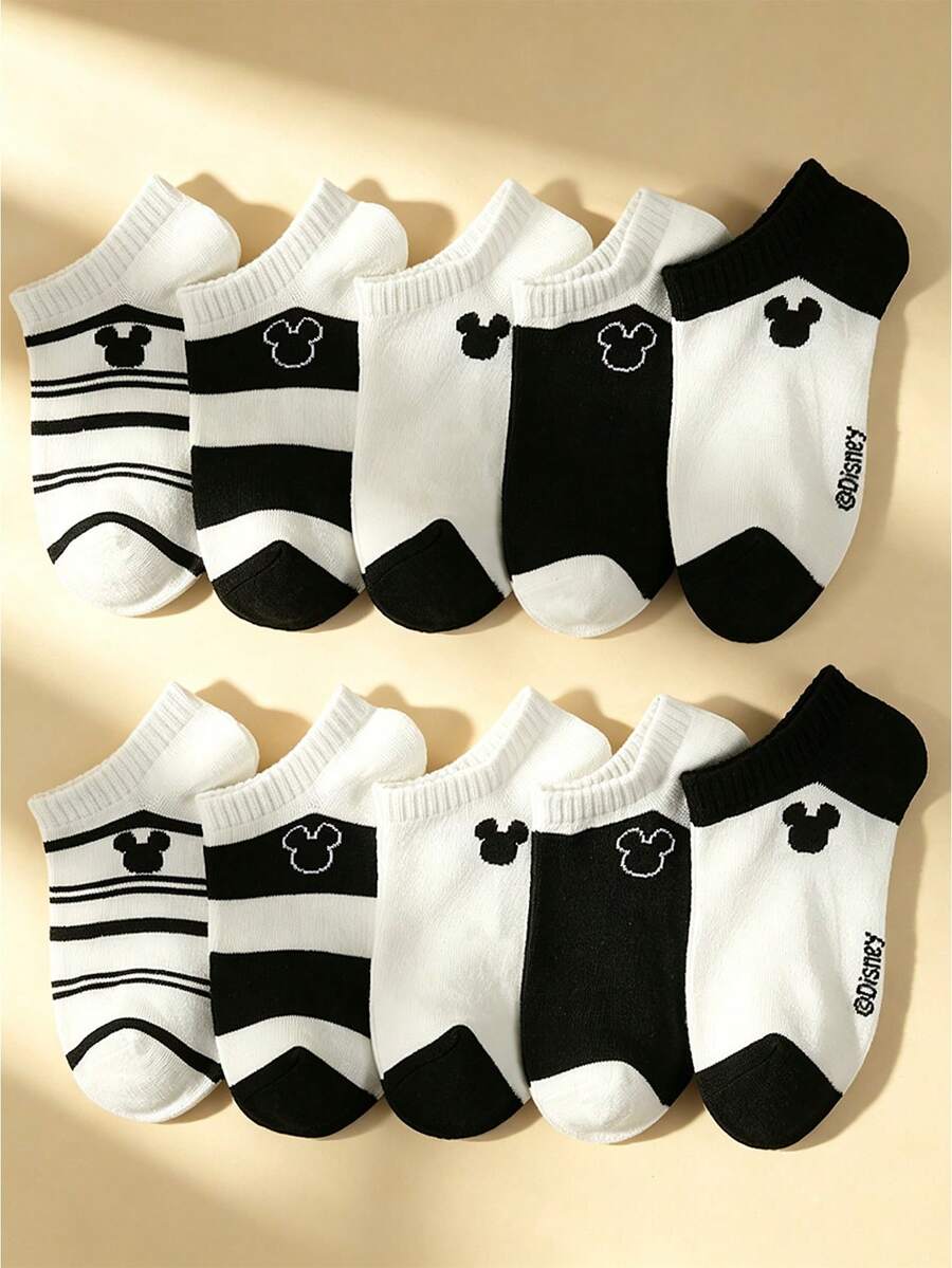 Disney Socks /Mickey Mouse 1/5 Pairs Spring/Summer Kids Short Socks, Classic Black & White Striped Patchwork, Playful Cute Mickey Mouse Pattern Accents, Delicate Soft Skin-Friendly Comfortable School Invisible Socks, Simple Fashion Casual Breathable Sweat-Absorbing Durable Versatile Sports Socks, Suitable For Parties/Casual Sports/Holiday Gifts/Vacation Travel, Random Color/Style - Multicolor - View 1