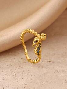 1pc Refreshing Ocean Style Rhinestone Seahorse Ring, 18K Gold Plated Open Band, Unique Design Accessory, Gift For Daily Wear And Commute - Multicolor - View 1