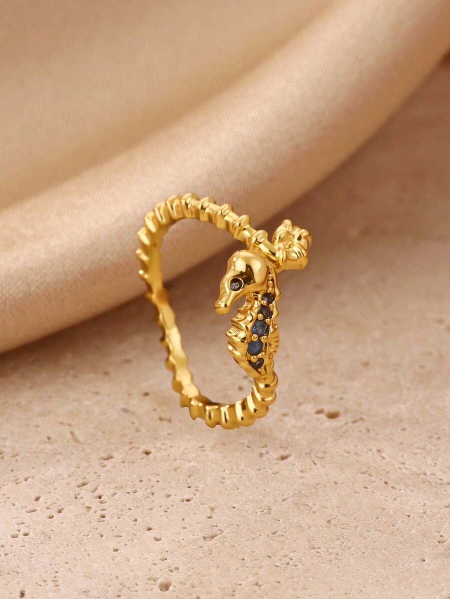 1pc Refreshing Ocean Style Rhinestone Seahorse Ring, 18K Gold Plated Open Band, Unique Design Accessory, Gift For Daily Wear And Commute - Multicolor - View 1