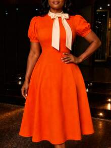 AOMEI Women's Elegant Vintage Modest Orange Faux Collar Bow Puff Short Sleeve A-Line Dress, Evening Party Graduation Prom Birthday Party - Orange - View 6