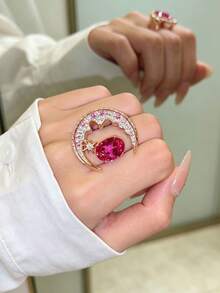 1pc Vintage Handmade Star & Moon Shaped Ring Inlaid With Shiny Pink Ring Elegant Rings Suitable For Women Design Rings Exquisite Gift Choice - Multicolor - View 3