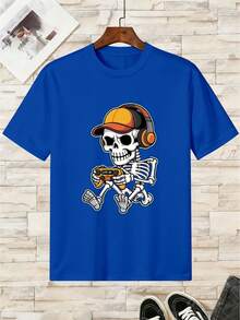 August 11, 2025, Summer T-Shirt For Boys With Skull Print, Casual Short Sleeve T-Shirt For Kids - 藍色 - 查看 1
