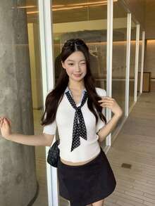 Atasan Sweater 2 in 1 Model Korea Elegan, Potongan Pendek Slim Fit, Leher V, Kasual, Warna Putih untuk Musim Panas - Putih - View 2