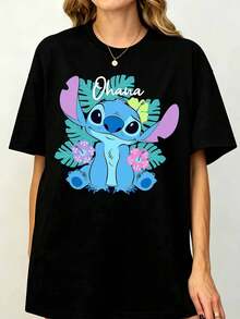 Stitchsss Lilos & Stitchs Ohanas Adorables Pose Floral Logo T-Shirt, WDW Disneylandss Trip Gift, Matching Family Shirts, Magic Kingdom Tee - 黑色 - 查看 1