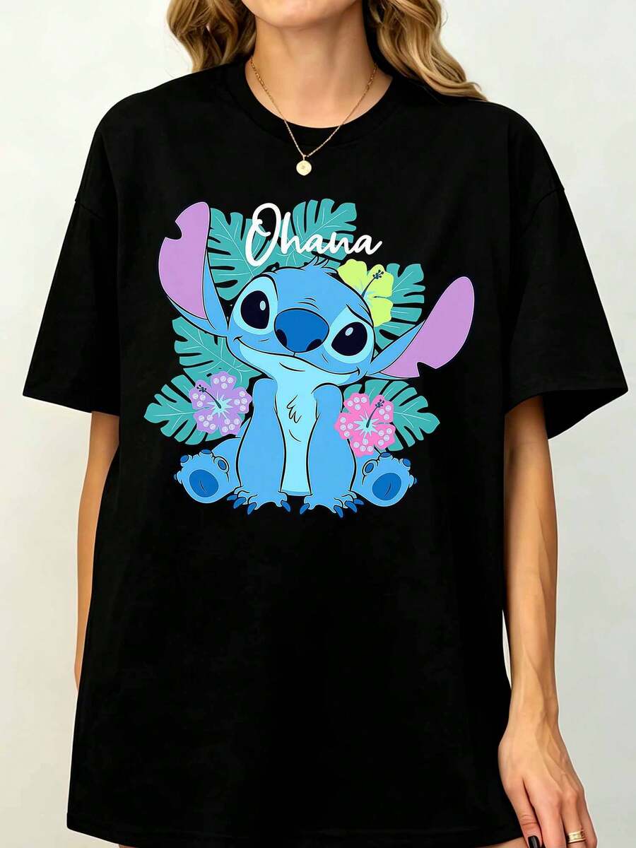 Stitchsss Lilos & Stitchs Ohanas Adorables Pose Floral Logo T-Shirt, WDW Disneylandss Trip Gift, Matching Family Shirts, Magic Kingdom Tee - 黑色 - 查看 1