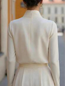 Elegant Long Sleeve Stand Collar Blouse, Minimalist Design, Suitable For Office And Formal Occasions - Apricot - View 3
