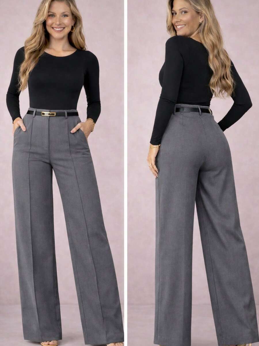 Women's Tailored Trousers With Belt, Super Comfortable - 灰色 - 查看 1
