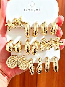 9pcs Vintage Ocean Style Metallic Earrings Set, Starfish Shell Flower Geometric C-Hoop Studs, Versatile For All Seasons, Travel & Vacation, Perfect Gift For Family And Friends - Gold - View 1
