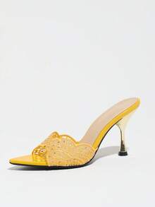 Sandalias de tacón alto para mujer con punta fina, color amarillo jengibre, forma de abanico, malla de encaje y adornos de strass, tacón tipo copa de vino, cómodas y premium, para discoteca, actividades al aire libre, zapatos de dama de honor para boda, zapatos de tacón alto para fiestas de sociedad y banquetes - Amarillo Mostaza - Ver 7