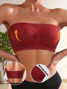 1pc Burgundy Women's Strapless Bandeau Bra, Seamless Elastic Bustier, Front Ruched Gathering Support, Breathable Mesh Back Moisture-Wicking, Wire-Free No Padding Anti-Slip, Skin-Friendly No Underarm Pinching, Suitable For Summer Outerwear, Daily Layering, Home Leisure, Travel Outfits - Burgundy - View 4