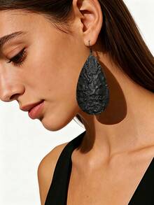 1 Pair Women's Fashion Minimalist Versatile Oversized Geometric Round Mesh Metal Texture Pendant Earrings - Black Water Droplets - View 2