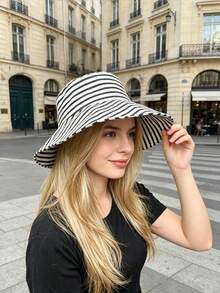 1pc Large Head Circumference Wide Brim Striped Bucket Hat, Foldable, Face-Slimming, Fashionable & Versatile, Sweet & Cute, Soft & Comfortable, Suitable For Spring/Summer Outdoor Outings, Essential For Cycling - Multicolor - View 5