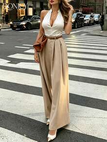 DONICY Women's Beige High-Waisted Pleated Wide-Leg Pants, Suitable For Office And Casual Wear - Khaki - View 7