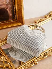 Borsa da sera con decorazione in strass scintillanti, borsa con manico ad anello doppio, borsa da festa, borsa per telefono, borsa per rossetto, borsa alla moda versatile - Argento - Visualizzare 5