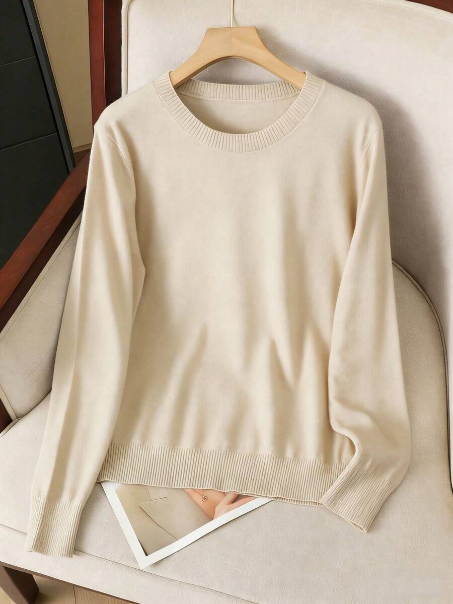 GIGOGOU 大尺碼 1XL-4XL 秋冬基礎針織毛衣上衣 長袖女裝 - 杏色 - 查看 1