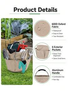 1pc Rustic Solid Color Garden Tool Tote, Round Bucket Shape With 6 Side Pockets & Padded Metal Handle, Foldable Oxford Cloth Storage Bag, Large Capacity Organizer For Home Gardening, - A - View 9