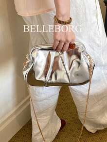 Fashionable Patent Leather Silver Elegant Metal Chain Texture Women's Handbag With Clasp Closure - Silver - View 3