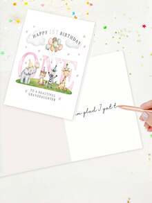 1 pièce "Happy 1st Birthday" Carte d'animal de safari avec enveloppe, design de jungle à l'aquarelle, carte de vœux pour le 1er anniversaire de la petite-fille, cadeau de célébration de jalon, intérieur vierge - Voir 4