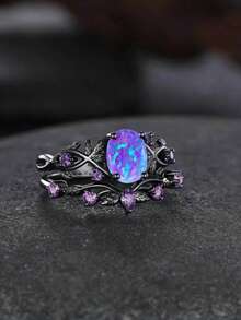 2pcs/Set Vintage Purple Oval Cut Synthetic Opal & Leaf Design Gunmetal Black Plated Rings, Suitable For Holiday Parties And Daily Wear, All Seasons - Purple - View 3