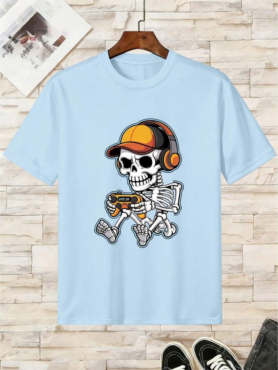 August 11, 2025, Summer T-Shirt For Boys With Skull Print, Casual Short Sleeve T-Shirt For Kids - 軍綠色 - 查看 1