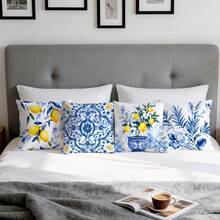 4pcs/1pc Fronha de Almofada em Porcelana Azul e Branca com Padrão Floral de Limão Sem Enchimento, Fronha de Almofada Impressa em Um Lado, Adequada para Sala de Estar, Quarto, Decoração de Casa, Fronha de Almofada para Todas as Estações - Multicolorido - Ver 10
