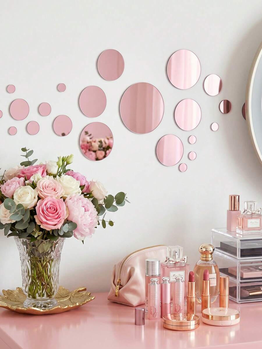 32pcs Rose Gold Round Mirror Wall Stickers, DIY Acrylic Mirror Wall Stickers, Round Mirror Effect Tile Stickers, Room Decor Wall Mirror, Bedroom Vanity Decor, Home Decor, Wall Decor, Bathroom Decor