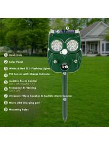 1pc Outdoor Solar Powered Animal Repeller, Ultrasonic Animal Repeller With Motion Sensor Function, Large Range Repelling, Solar/USB Dual Charging Mode, Effectively Repels Intruding Animals, Effectively Prevents Rats, Skunks, Foxes, Rabbits, Owls, Raccoons And Other Harmful Animals. When Animals Approach, The Device Emits Powerful Ultrasonic Waves And Lights, Making Animals Uncomfortable And Prompting Them To Leave The Yard Or Garden - Green - View 3