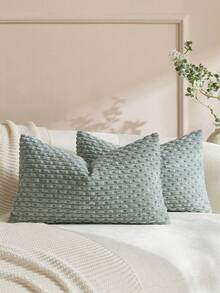 1pc/2pcs Bohemian Striped Pillow Covers (Pillow Inserts Not Included), Soft Plush Corduroy Solid Color Decorative Square Pillow Covers, Suitable For Holidays, Sofa, Bedroom, Bed, All Seasons Use. - Dusty Blue - View 5