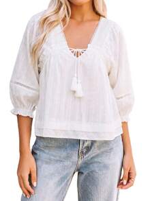 Women Summer Babydoll Blouses Casual Loose Tie-Up Tassel V Neck Bubble 3/4 Sleeve Going Out Tops For Daily Office - White - View 6