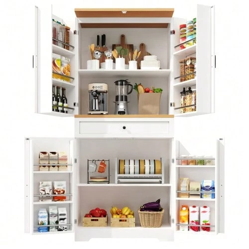 High-End Kitchen Unit With 12 Doors And Drawers (80 X 40 X 180 Cm), Modern Storage Unit For Snacks, Made Of MDF And Chipboard, Sideboard For Dining Room, Kitchen Or Living Room. - White - View 1