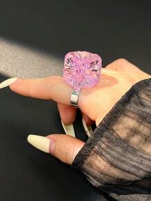 Bague en perle carrée asymétrique géométrique en résine, bague de doigt transparente couleur macaron Ins printemps/été - Multicolore A - Voir 17