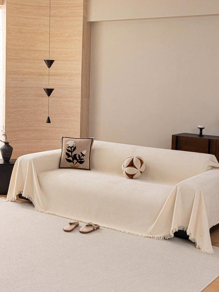 1pc Chenille Fashion Striped Solid Color Sofa Cover, Classic Minimalist Style, Scratch-Resistant Wear-Resistant Pet-Friendly, All-Season Sofa Protection, Suitable For Bedroom, Living Room, Study, Office, Machine Washable - Beige - View 8
