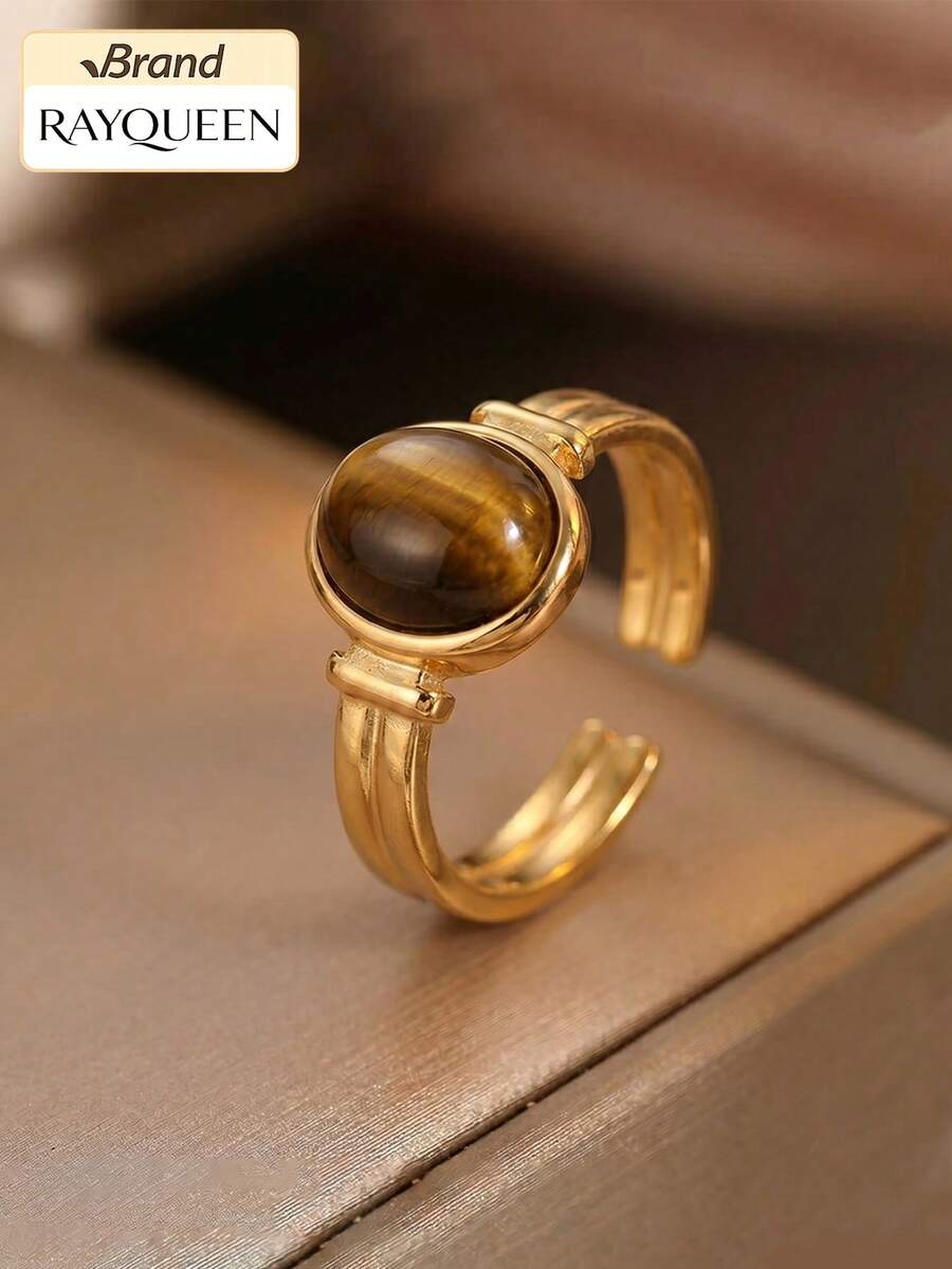 RAYQUEEN 1pc Stainless Steel Oval Stone Design Fashionable Personalized Open Ring Jewelry For Women, Suitable For Daily Wear - Ring - View 1