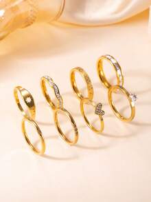 8pcs Fashionable Luxury Geometric Square Rhinestone & Heart 18k Stainless Steel Rings, Suitable For Women's Daily Or Party Wear - Ring Set - View 1