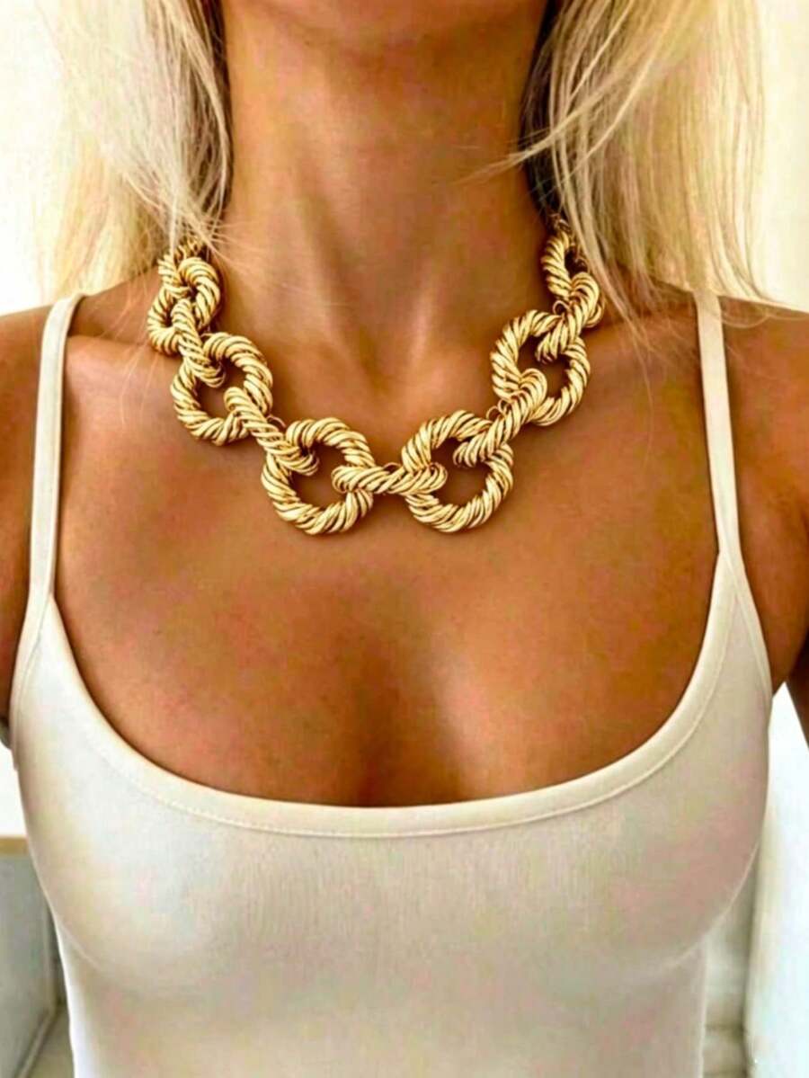 1pc Vintage Bohemian Style Textured Twisted Geometric Necklace, Gold-Tone, Hiphop Metal Vibe, Suitable For Party, Festival, Daily Wear - Multicolor - View 1