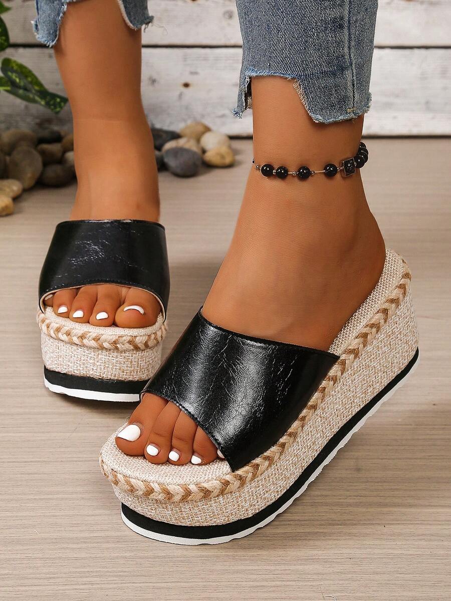 New Fashion Single Strap Wedge Sandals, Casual Slip-On, Outdoor Wedge Sandals, Anti-Slip Anti-Odor Lightweight Slippers, Valentine's Day Gift - Black - View 1