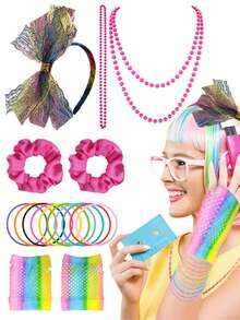 7件裝 Forever & Moment 80年代霓虹配件女款 – 頭飾、髮圈、項鍊、漁網手套、手鍊 – 適用於80年代復古派對舞會 - Accessories Set - 查看 12