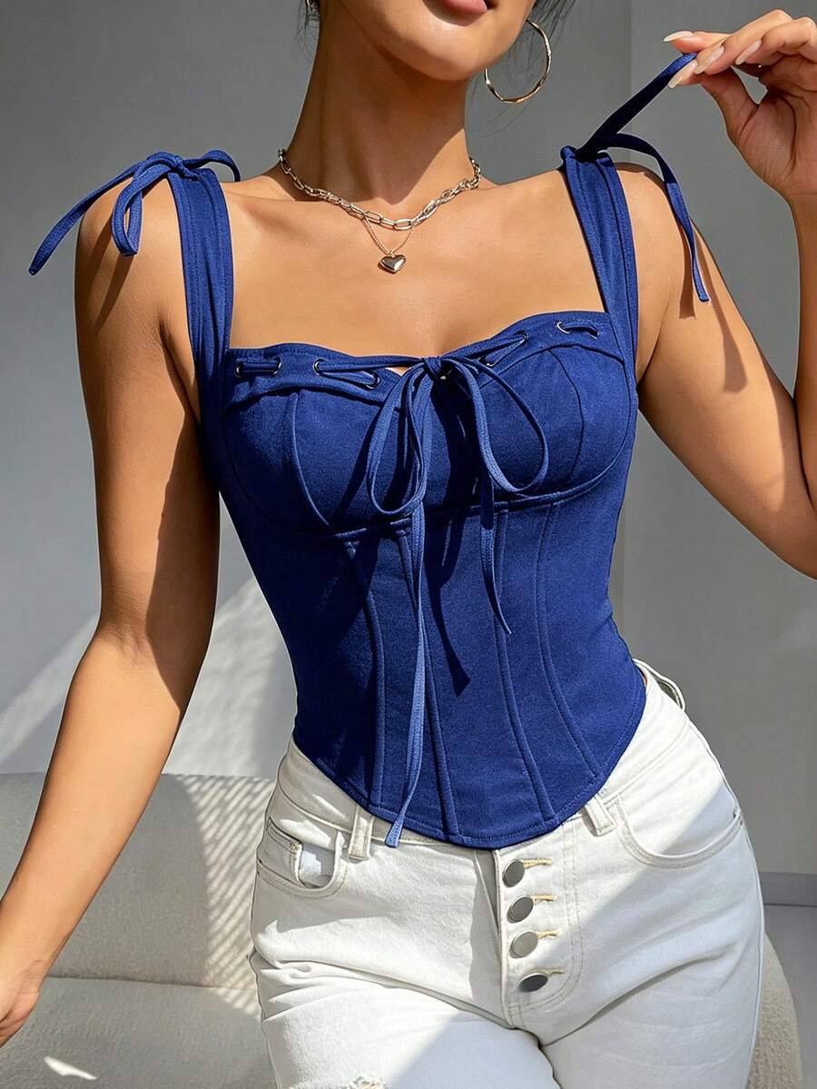 Shoulder Strap Bow Fishbone Corset Front Lace-Up Curved Hem Waist-Cinching Hot Girl Crop Top - Navy Blue - View 1