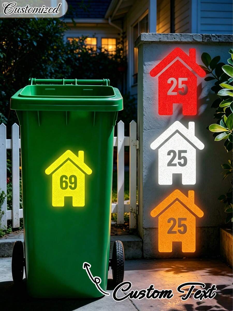 1pc Personalized Custom Name Tag StickCustomizable Trash Can Number And Street Name Stickers, These House-Shaped Stickers Are Perfect For Wheeled Trash Cans. Suitable For Wheeled Trash Cans, Large Garbage Bins, Ideal For Night Use And Strong Marking. - Multicolor - View 1