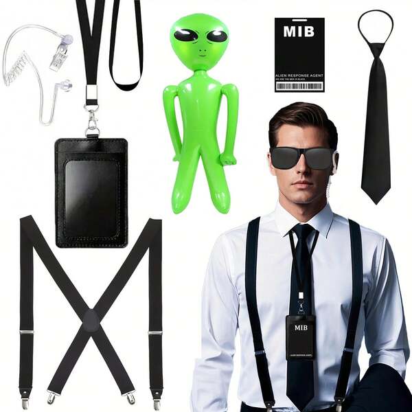 1/6pcs Clothing Accessories Set, Includes Suspenders, Tie, Headphones, Tags And ID Card. Perfect For Party And Carnival Costumes, Suitable For Theme Parties And Men's Cosplay Event Props.
