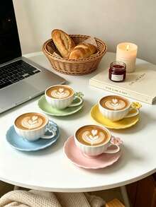 6pcs/1pc 90ml 3D Floral Ceramic Coffee Cup & Saucer Set, Microwave And Dishwasher , Suitable For Espresso And Arabic Coffee, Saudi Style Coffee Cup, Perfect For Afternoon Tea, Cafe And Kitchen, Ideal Gift - Multicolor - View 4