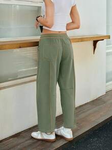 Women's Barrel Leg Sweatpants High Waisted Wide Leg Athletic Pants With Drawstring, Casual Loose Fit Lounge Sweatpants For Women, Yoga Baggy Joggers - 灰綠色 - 查看 4