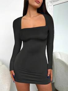 Women Long Sleeve Square Neck Sexy Bodycon Tight Cocktail Party Club Night Formal Short Dress 2025 Going Out Outfits - Black - View 7