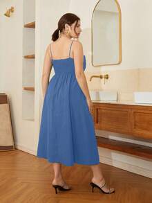 Plus Size Women Solid Color Pleated Slit Design Casual Party Spaghetti Strap Dress Elegant Summer - Royal Blue - View 2