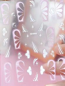 2 Stück 5D geprägte 3D Nagelkunst Aufkleber, DIY Nageldekoration, Rosa & Weiß Französische U-Form mit weißem Blütenblattmuster, geeignet zum Erstellen von sanftem Ballettstil und süßer französischer Linien Nagelkunst - Verschiedenfarbig - Übersicht 5