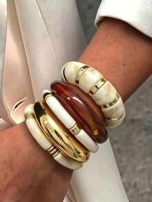 Set de 5 pulseras de mujer estilo bohemio vintage de acrílico CCB y bambú, diseño patchwork con textura de juntas de bambú, fresco y casual, apto para uso diario, citas, vacaciones, sesiones de fotos y fiestas, set de accesorios de moda - Multicolor - Ver 4