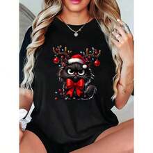 Women's Christmas T-Shirt With Cat - Cute Kitten Top In Santa Hat And Antlers, Stretchy Shirt For Holiday Parties And Everyday Wear - Machine Washable Casual Blouse, Clothing - 黑色 - 查看 1